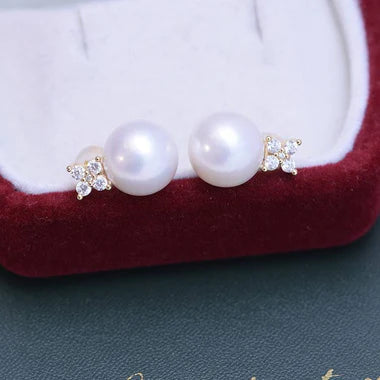 Elegant 10-11mm Freshwater Pearl Zirconia Leaf Earrings - Sterling Silver / Gold Vermeil